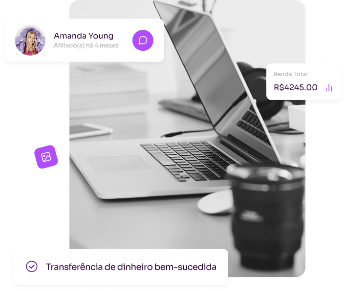 Imagem de um laptop semiaberto com renda total R$4245 e Afiliado amanda young (afiliada há 4 meses) Assin assinatura digital