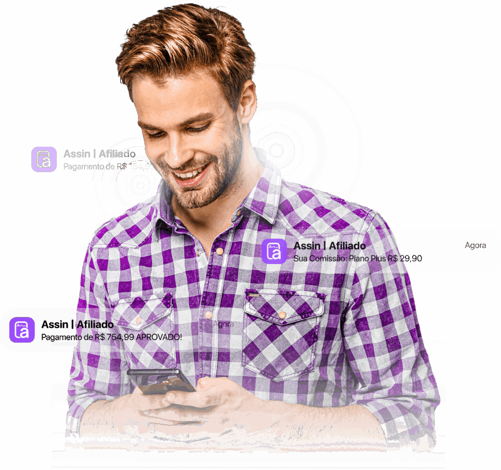Imagem de homem loiro com barba por fazer e camisa quadriculada mexendo no celular e vendo notificações de pagamentos por ser afiliado